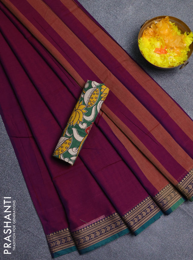 Narayanpet cotton saree purple and green with plain body and thread woven border