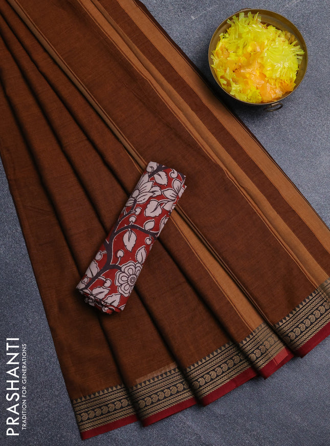 Narayanpet cotton saree rust shade and maroon with plain body and thread woven border