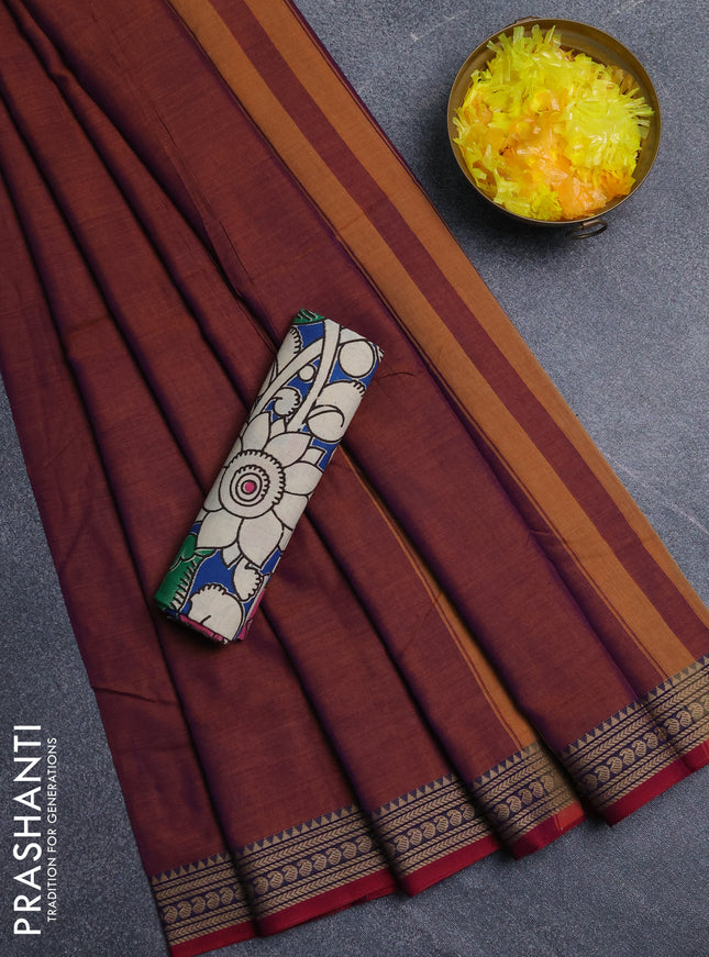 Narayanpet cotton saree rust shade and blue with plain body and thread woven border