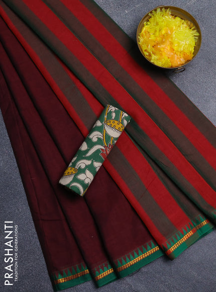 Narayanpet cotton saree deep maroon and green with plain body and thread woven border