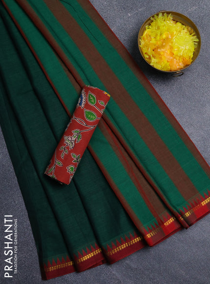 Narayanpet cotton saree green and maroon with plain body and thread woven border