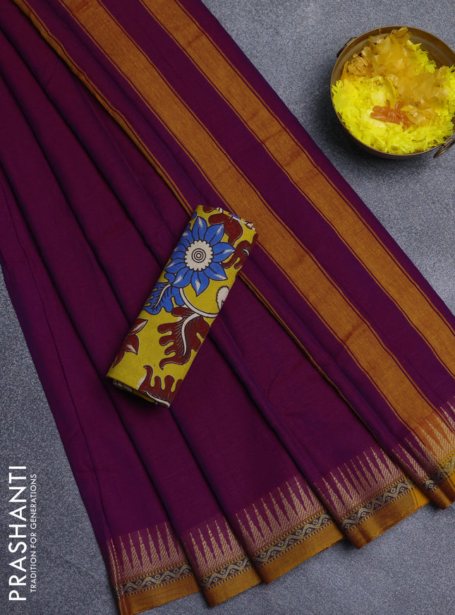 Narayanpet cotton saree purple and yellow with plain body and thread woven border