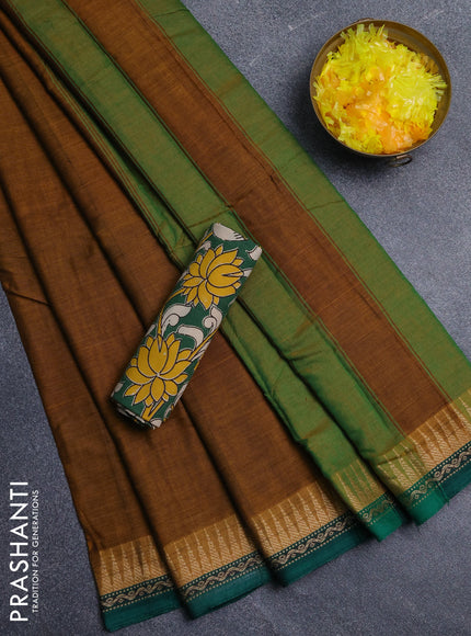 Narayanpet cotton saree dark mustard and green with plain body and thread woven border