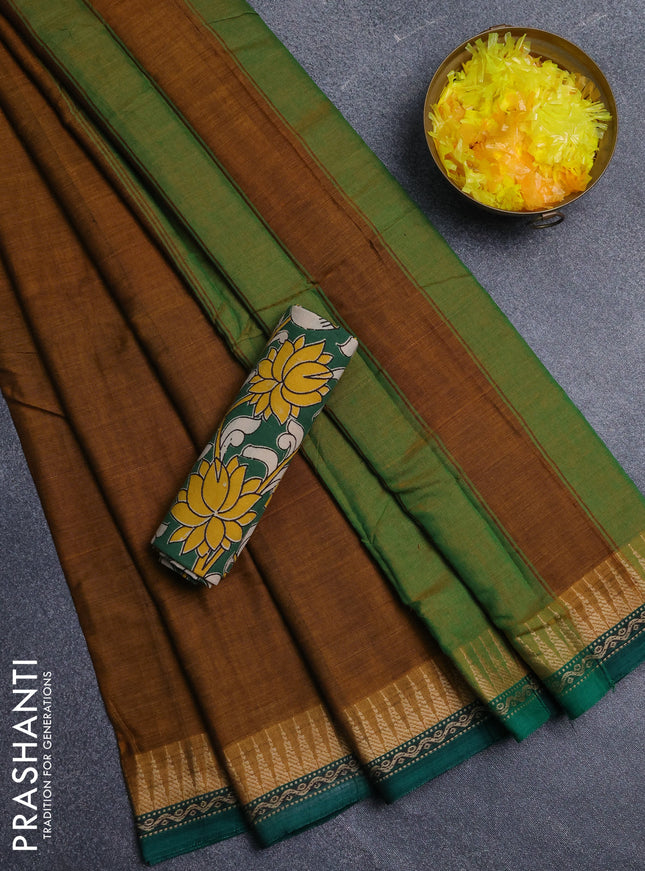Narayanpet cotton saree dark mustard and green with plain body and thread woven border