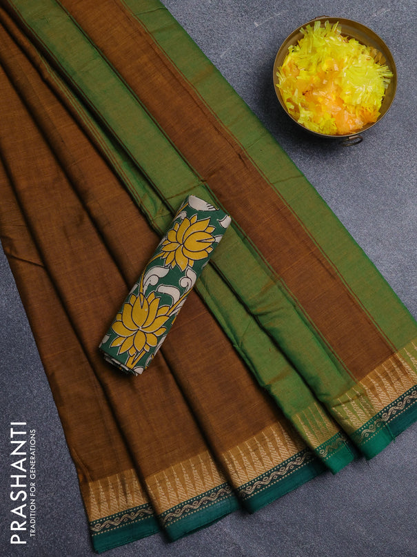 Narayanpet cotton saree dark mustard and green with plain body and thread woven border
