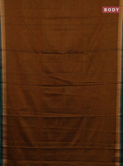 Narayanpet cotton saree dark mustard and green with plain body and thread woven border
