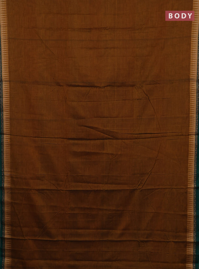 Narayanpet cotton saree dark mustard and green with plain body and thread woven border
