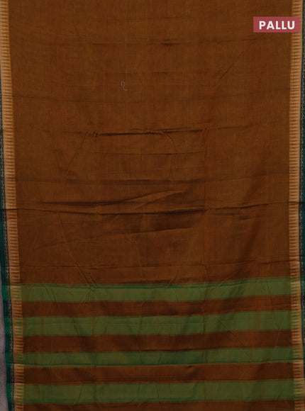 Narayanpet cotton saree dark mustard and green with plain body and thread woven border