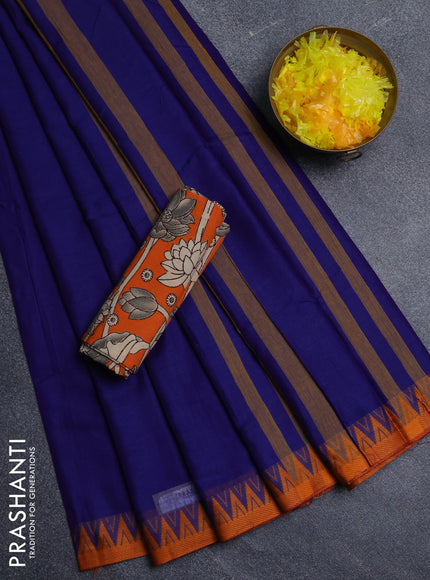 Narayanpet cotton saree blue and orange with plain body and thread woven border
