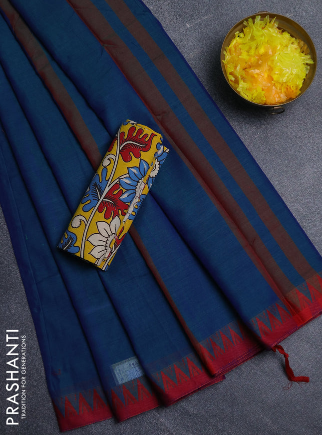 Narayanpet cotton saree dual shade of greenish blue and yellow with plain body and thread woven border