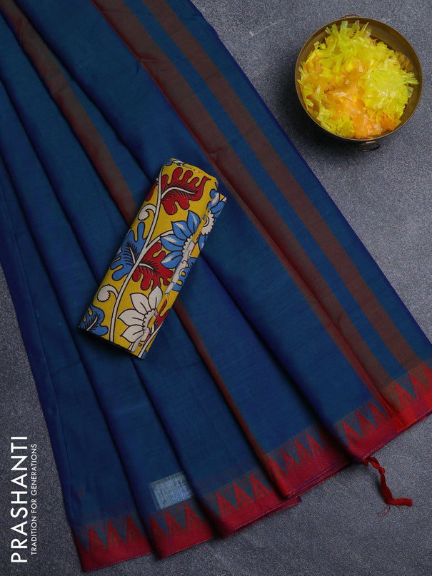 Narayanpet cotton saree dual shade of greenish blue and yellow with plain body and thread woven border