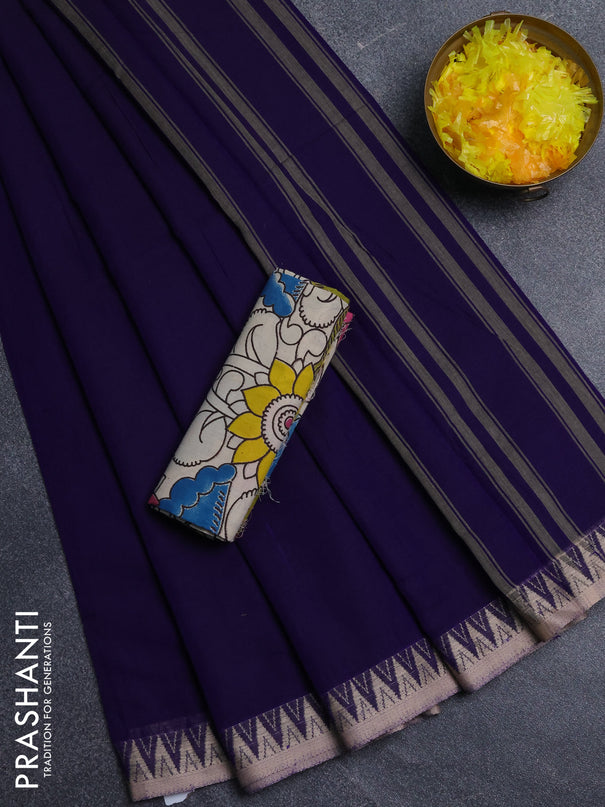 Narayanpet cotton saree violet and beige with plain body and thread woven border