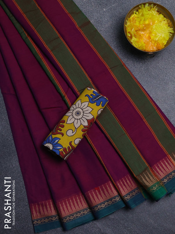 Narayanpet cotton saree purple and yellow with plain body and thread woven border