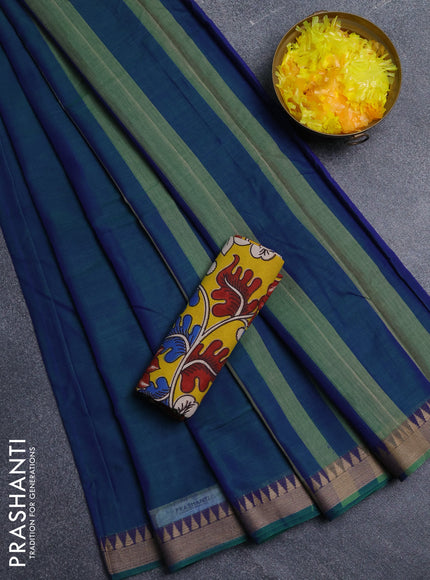Narayanpet cotton saree dual shade of bluish green and yellow with plain body and thread woven border