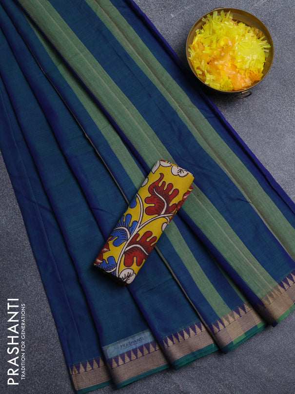 Narayanpet cotton saree dual shade of bluish green and yellow with plain body and thread woven border