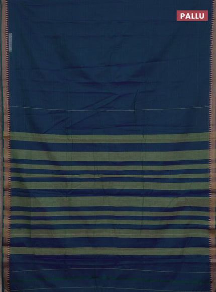 Narayanpet cotton saree dual shade of bluish green and yellow with plain body and thread woven border