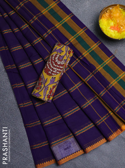 Narayanpet cotton saree violet and yellow with allover thread weaves and temple design simple border