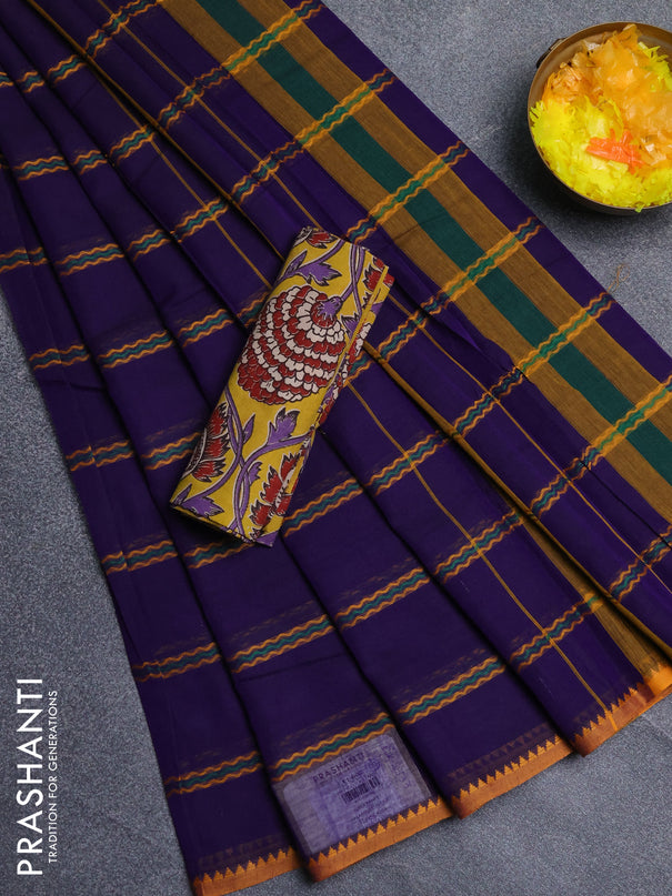 Narayanpet cotton saree violet and yellow with allover thread weaves and temple design simple border