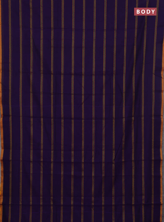 Narayanpet cotton saree violet and yellow with allover thread weaves and temple design simple border