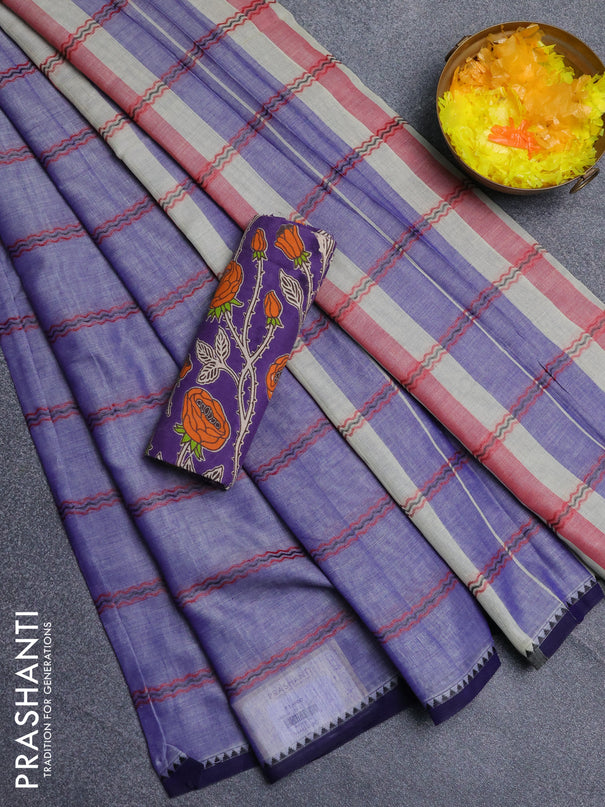 Narayanpet cotton saree lavender and violet with allover thread weaves and temple design simple border