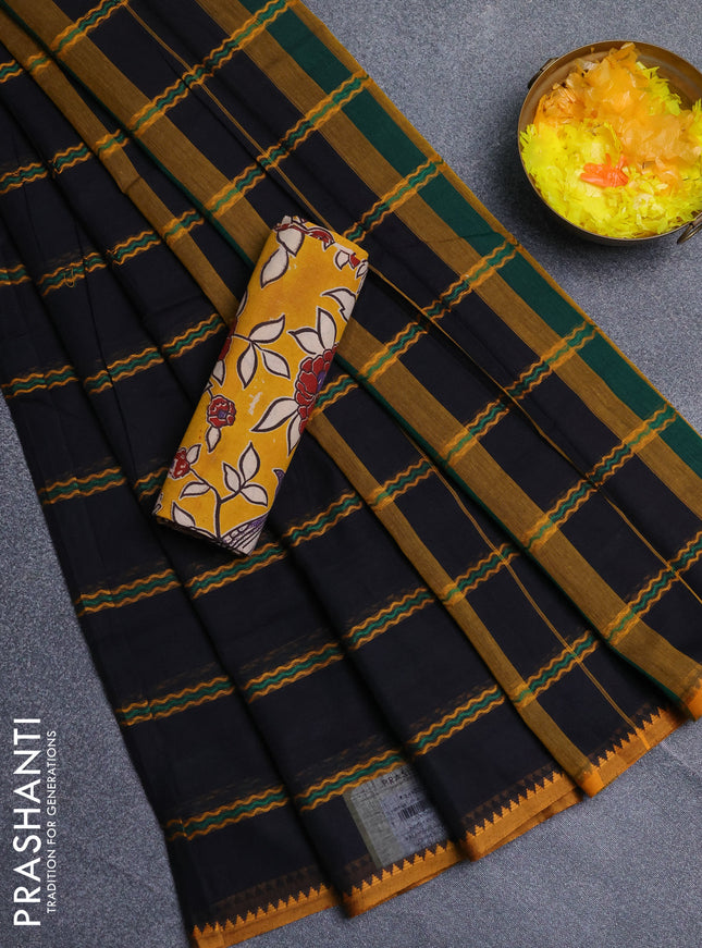 Narayanpet cotton saree black and yellow with allover thread weaves and temple design simple border
