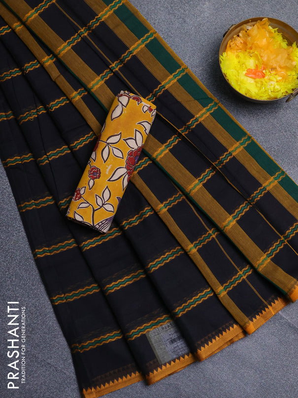 Narayanpet cotton saree black and yellow with allover thread weaves and temple design simple border