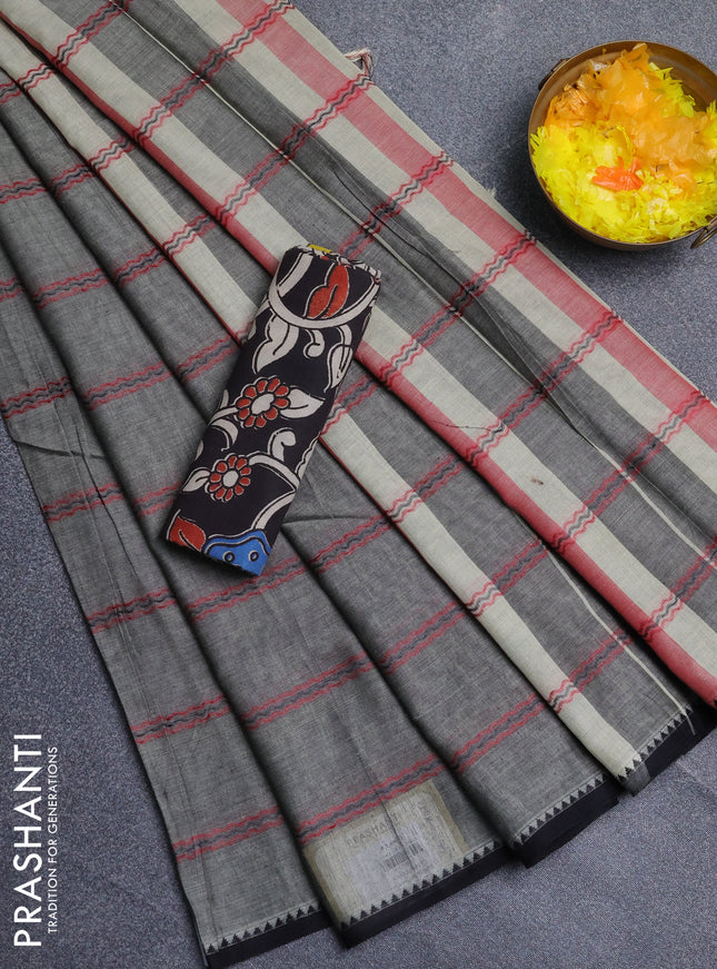 Narayanpet cotton saree grey and black with allover thread weaves and temple design simple border