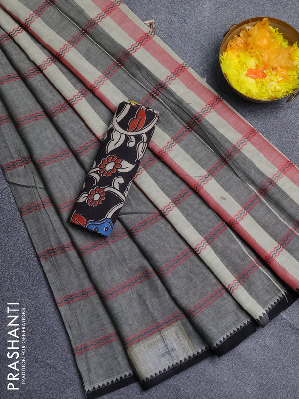 Narayanpet cotton saree grey and black with allover thread weaves and temple design simple border