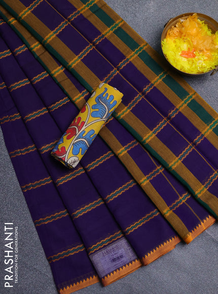 Narayanpet cotton saree violet and yellow with allover thread weaves and temple design simple border