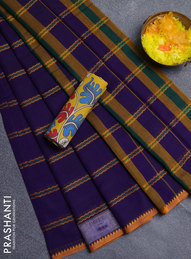 Narayanpet cotton saree violet and yellow with allover thread weaves and temple design simple border