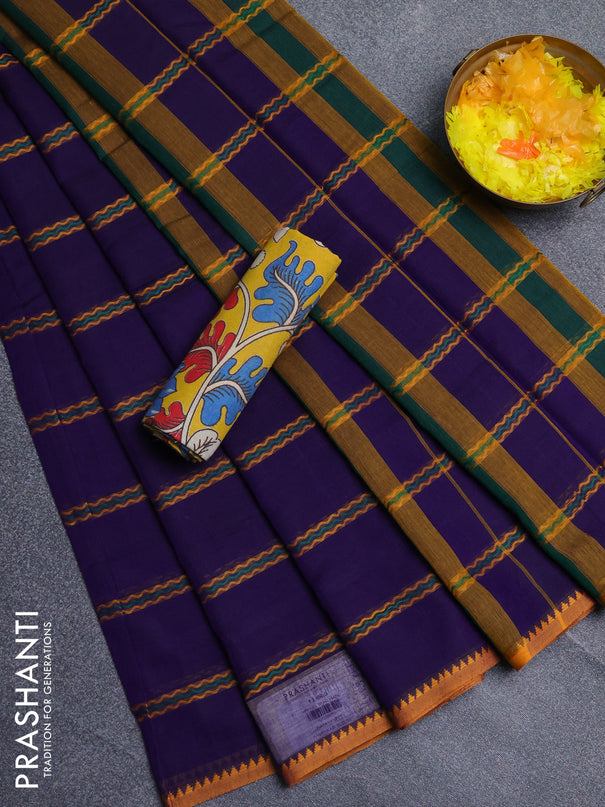 Narayanpet cotton saree violet and yellow with allover thread weaves and temple design simple border