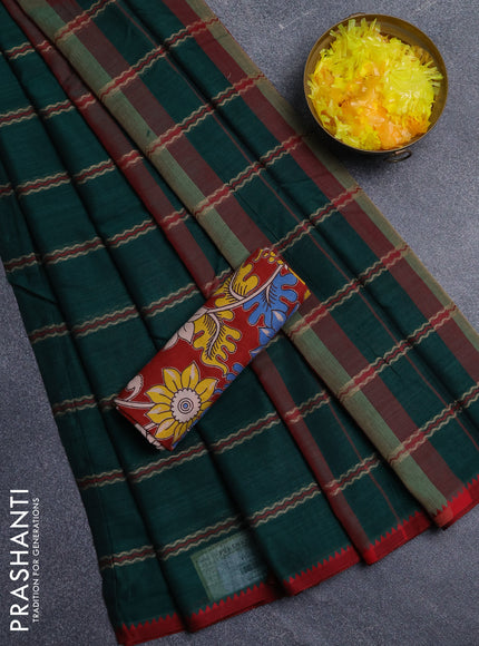 Narayanpet cotton saree bottle green and maroon with allover thread weaves and temple design simple border