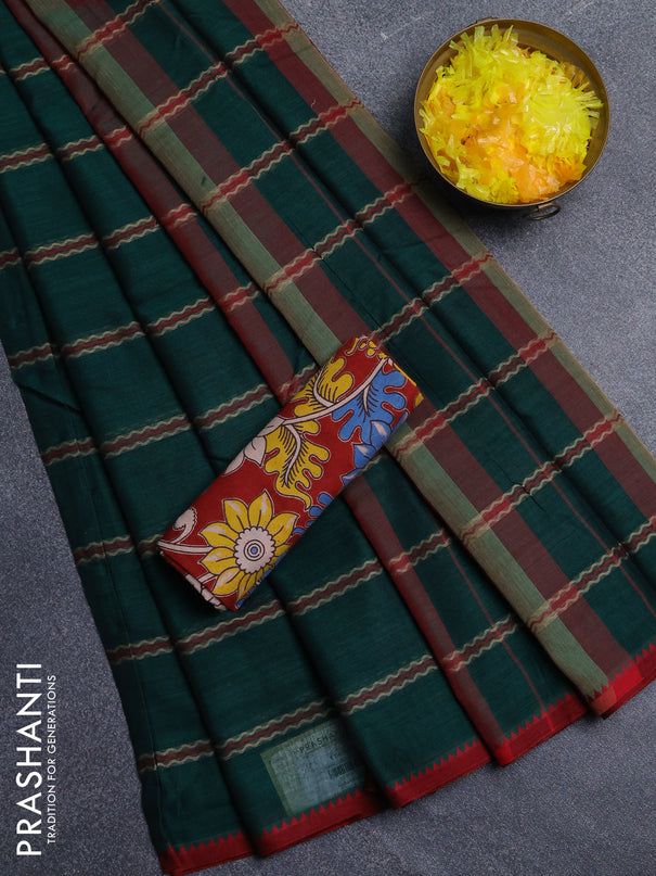 Narayanpet cotton saree bottle green and maroon with allover thread weaves and temple design simple border