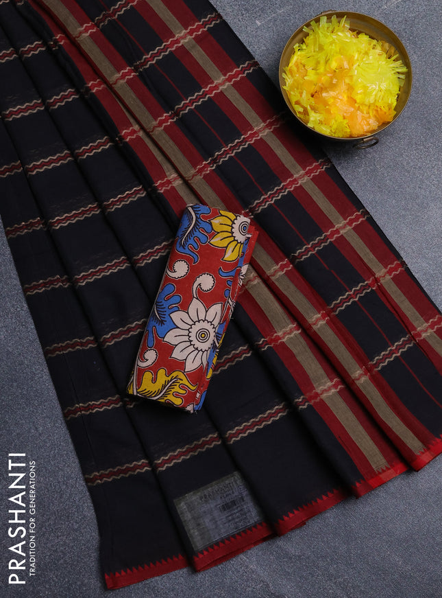 Narayanpet cotton saree black and maroon with allover thread weaves and temple design simple border