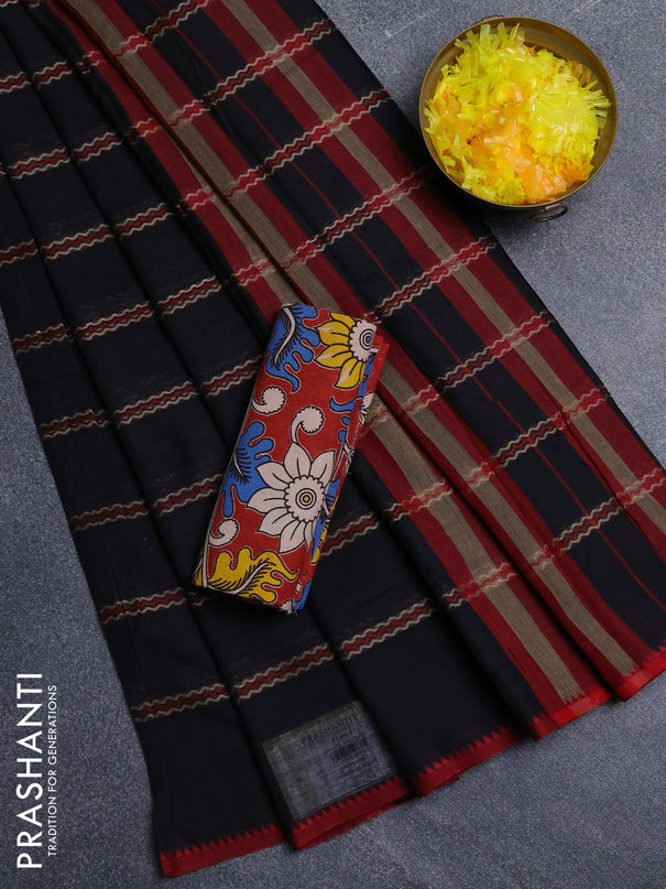 Narayanpet cotton saree black and maroon with allover thread weaves and temple design simple border