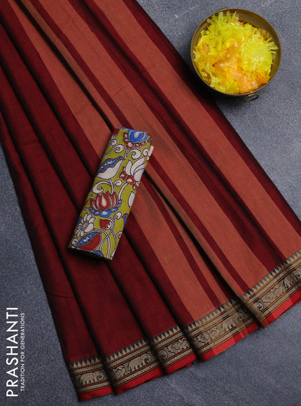 Narayanpet cotton saree maroon and light green with plain body and thread woven border