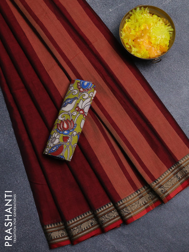 Narayanpet cotton saree maroon and light green with plain body and thread woven border