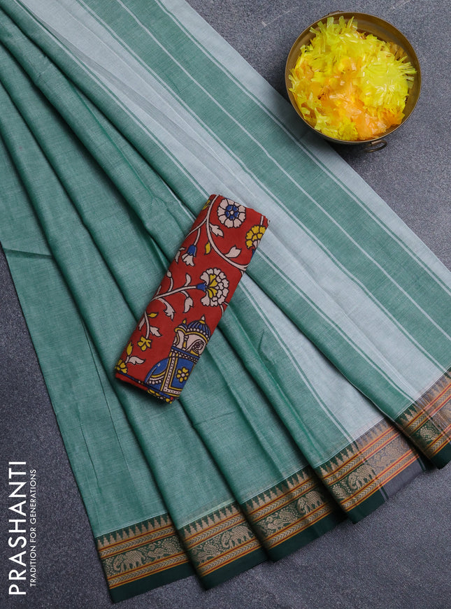 Narayanpet cotton saree green and maroon with plain body and thread woven border