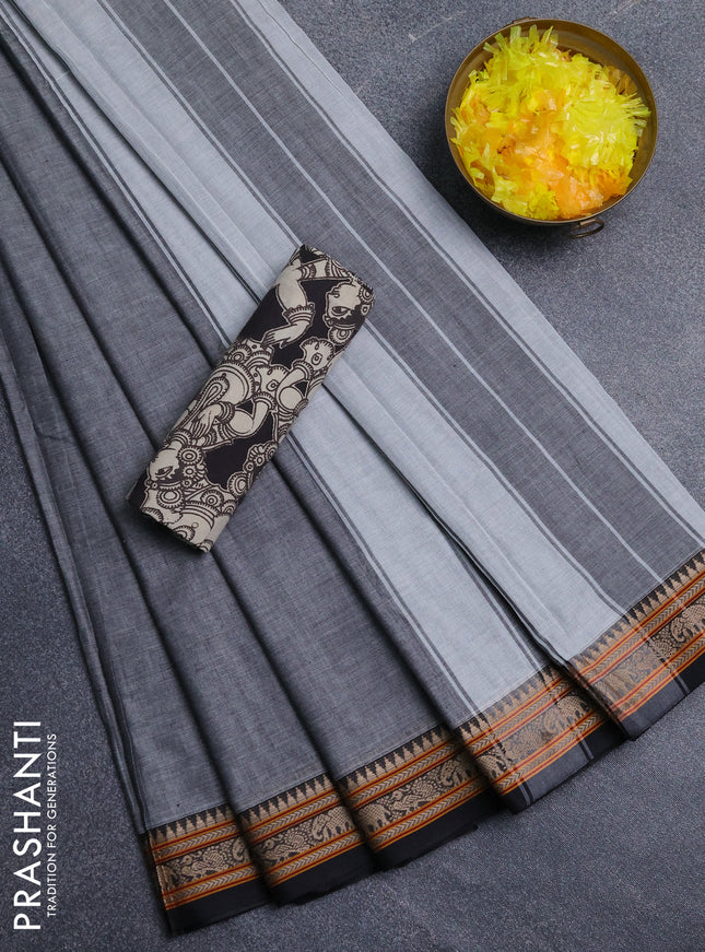 Narayanpet cotton saree grey and black with plain body and thread woven border