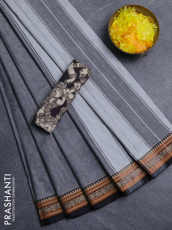 Narayanpet cotton saree grey and black with plain body and thread woven border