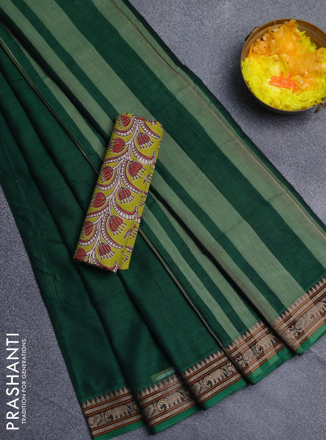 Narayanpet cotton saree bottle green and light green with plain body and thread woven border
