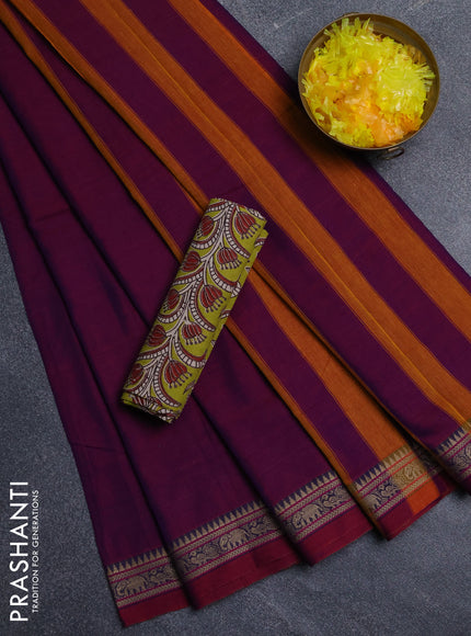 Narayanpet cotton saree purple and light green with plain body and thread woven border