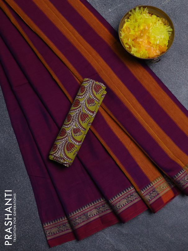 Narayanpet cotton saree purple and light green with plain body and thread woven border