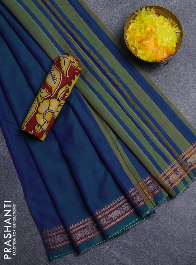 Narayanpet cotton saree dual shade of bluish green and yellow with plain body and thread woven border