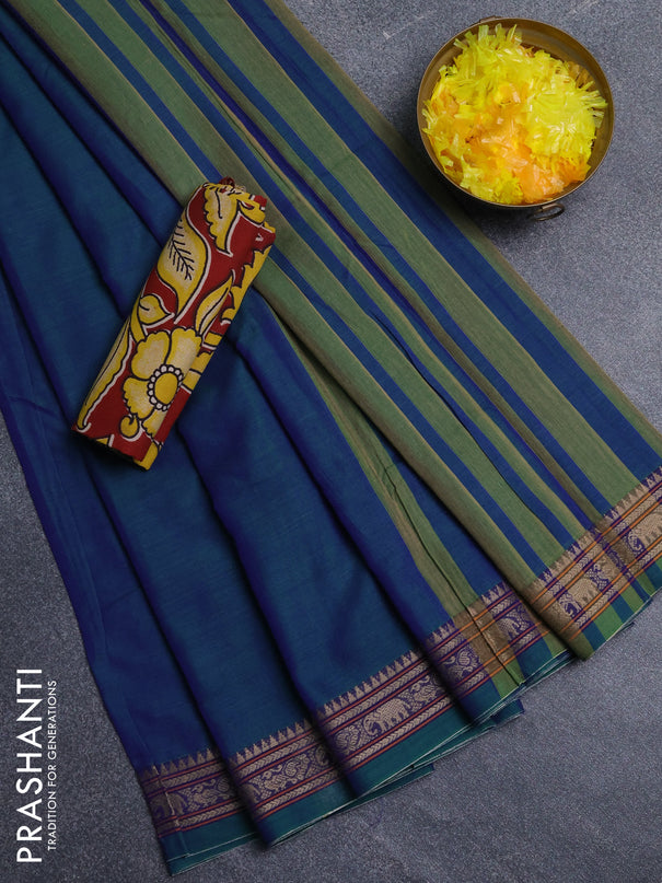 Narayanpet cotton saree dual shade of bluish green and yellow with plain body and thread woven border