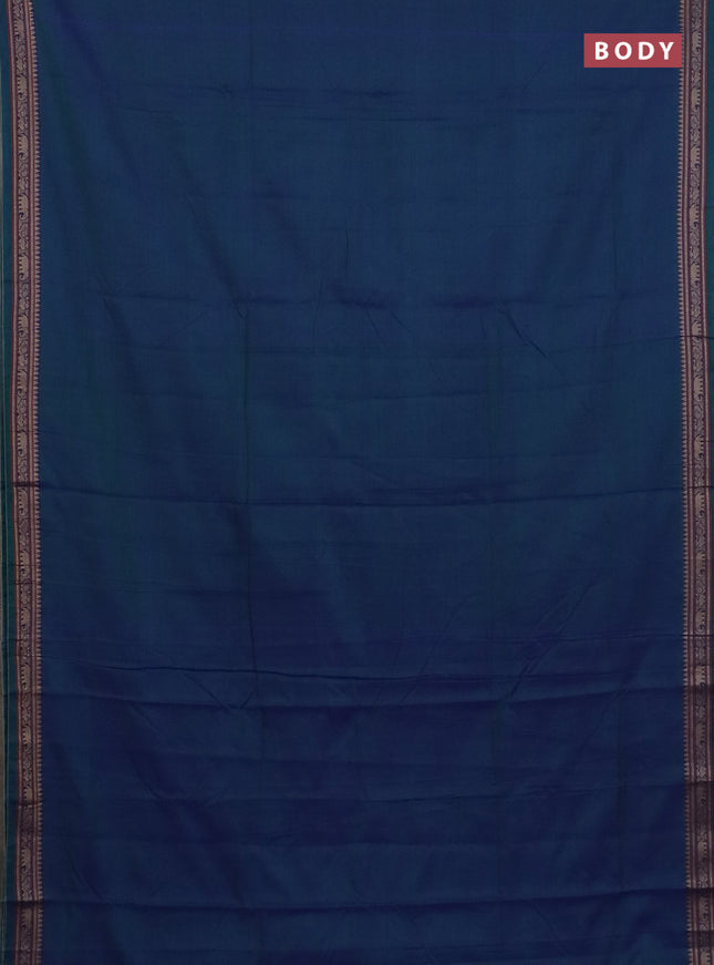 Narayanpet cotton saree dual shade of bluish green and yellow with plain body and thread woven border