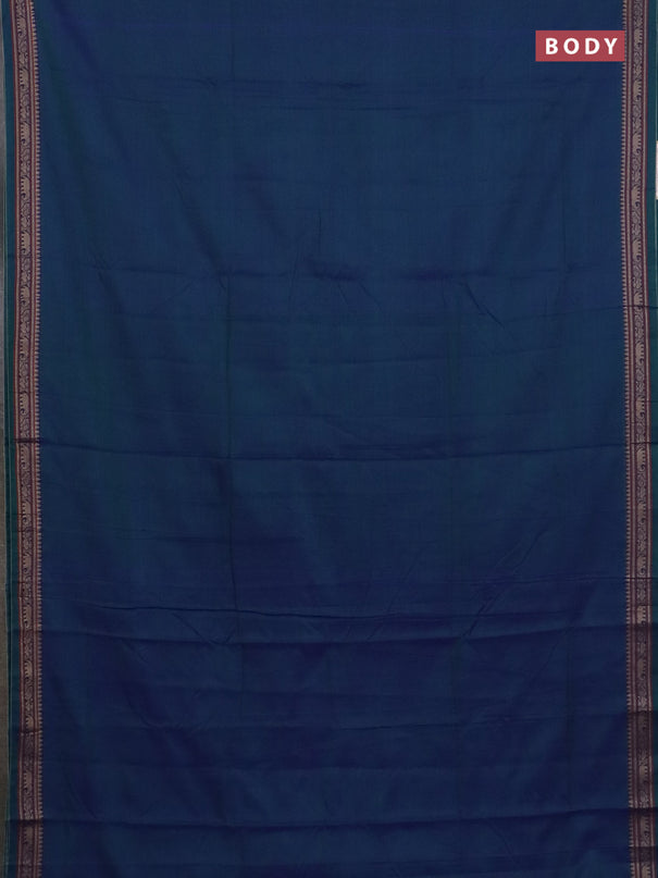 Narayanpet cotton saree dual shade of bluish green and yellow with plain body and thread woven border