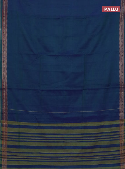 Narayanpet cotton saree dual shade of bluish green and yellow with plain body and thread woven border