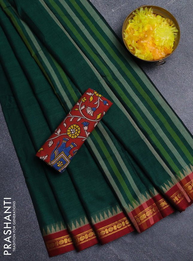 Narayanpet cotton saree green and maroon with plain body and thread woven border