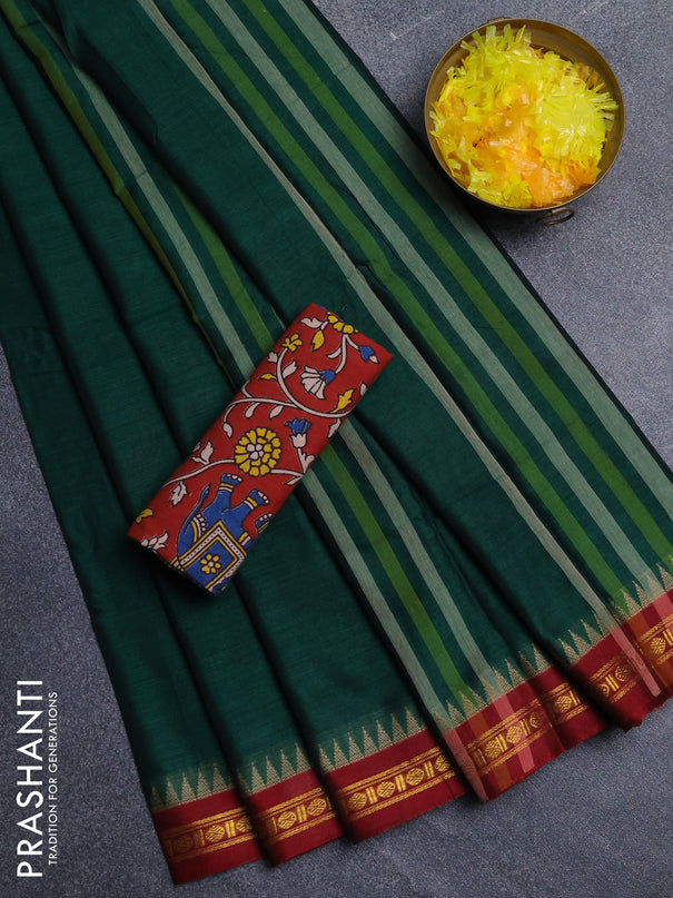 Narayanpet cotton saree green and maroon with plain body and thread woven border